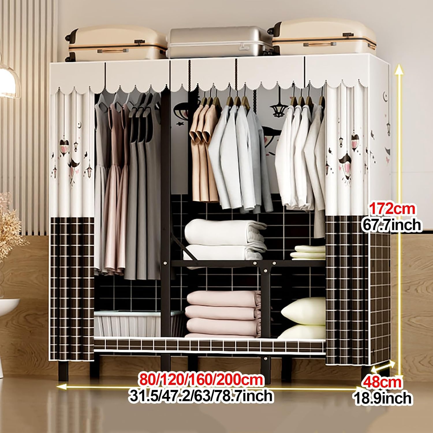 Heavy Duty Wardrobe Closet with Cover, Foldable Garment Rack for Hanging Clothes, Freestanding Covered Clothing Coat Storage Organizer, Clothes Rack with Curtain(C,160cm/63in)