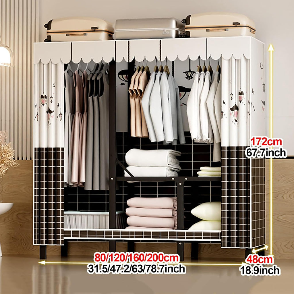 Heavy Duty Wardrobe Closet with Cover, Foldable Garment Rack for Hanging Clothes, Freestanding Covered Clothing Coat Storage Organizer, Clothes Rack with Curtain(C,80cm/31.5in)