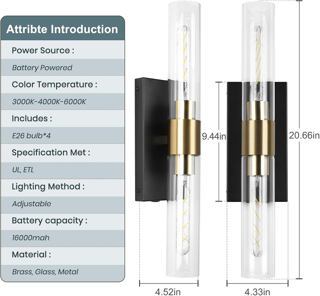 Wall Sconce Set of Two, Battery Operated Wall Sconce, Rechargeable Wall Lamp with Remote, Indoor Non-Hardwired Wall Sconces, Modern Vanity Light for Bedroom, Hallway, Aisle