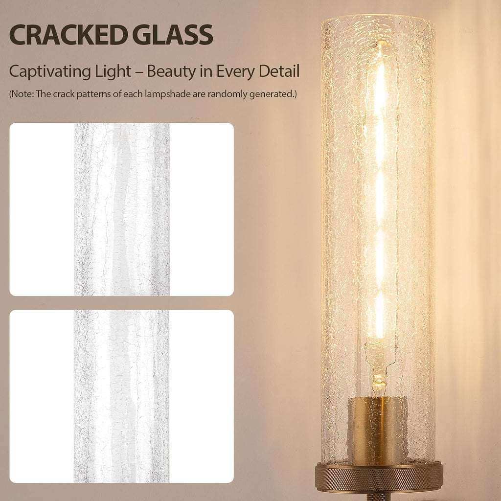 19.5' Knurled Brass Wall Sconce with Crackle Glass Tube, Gold Bathroom Vanity Light Fixtures, Modern Lamp Lighting for Bedroom, Living Room, Hallway, Staircase, Mirror, Kitchen