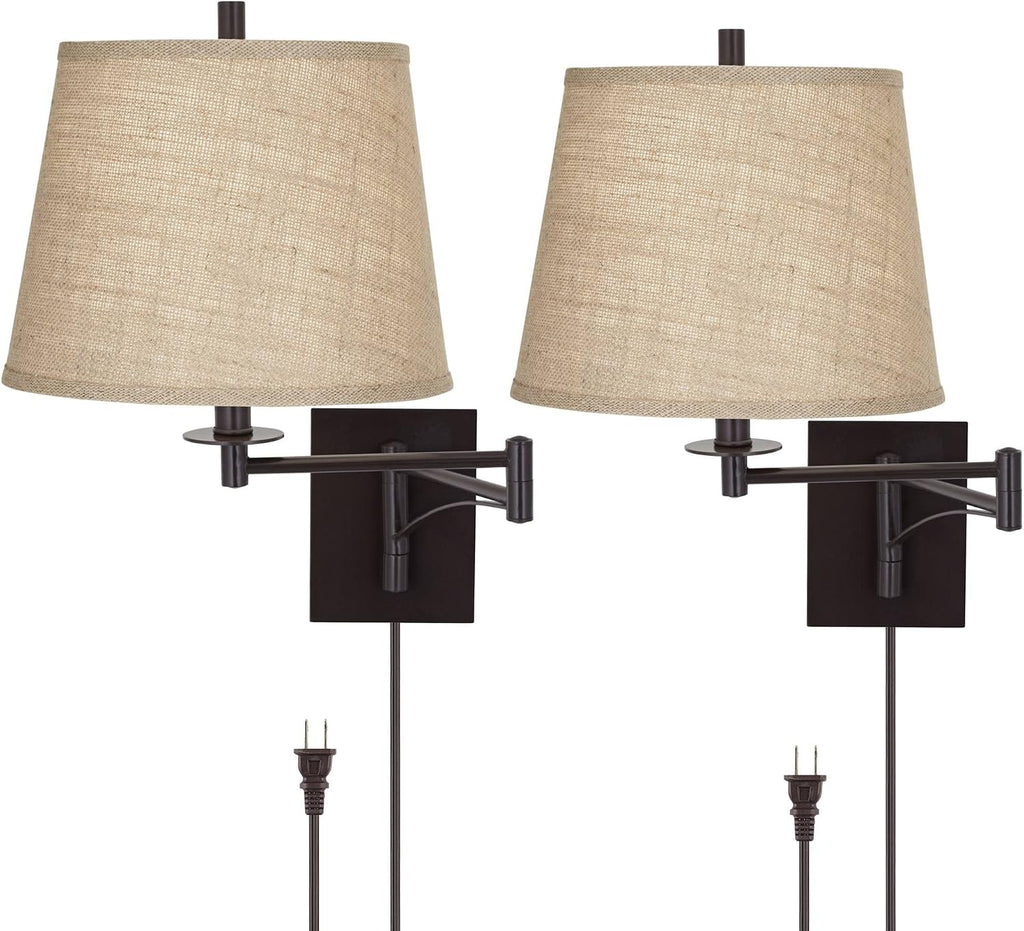 Franklin Iron Works Brinly Farmhouse Rustic Swing Arm Wall Lamps Set of 2 Matte Brown Metal Plug-in 12' Fixture Burlap Hardback Drum Shade for Bedroom Bedside Living Room Hallway Reading