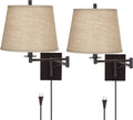 Franklin Iron Works Brinly Farmhouse Rustic Swing Arm Wall Lamps Set of 2 Matte Brown Metal Plug-in 12' Fixture Burlap Hardback Drum Shade for Bedroom Bedside Living Room Hallway Reading