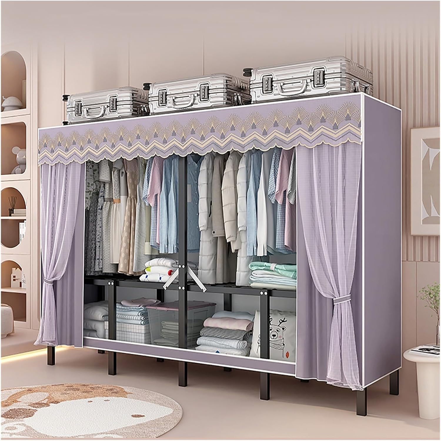Foldable Closet Wardrobe, Heavy Duty Portable Metal Clothing Rack With Cover, Closet Organizer, Freestanding Armoire Storage Garment Racks For Hanging Clothes(A,200cm/78.7in)