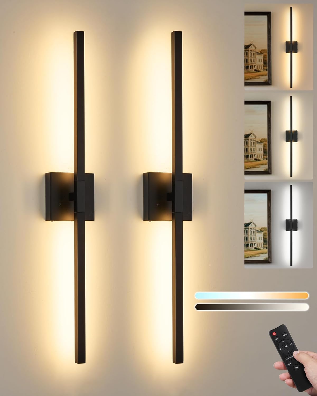 Rayogale Black Battery Operated Wall Sconce with Remote Control 40 Inch | 3000/4500/6000K Dimmable 8000mAh Wireless Rechargeable Wall Sconces Set of Two with Timer for Living Room, Bedroom, TV