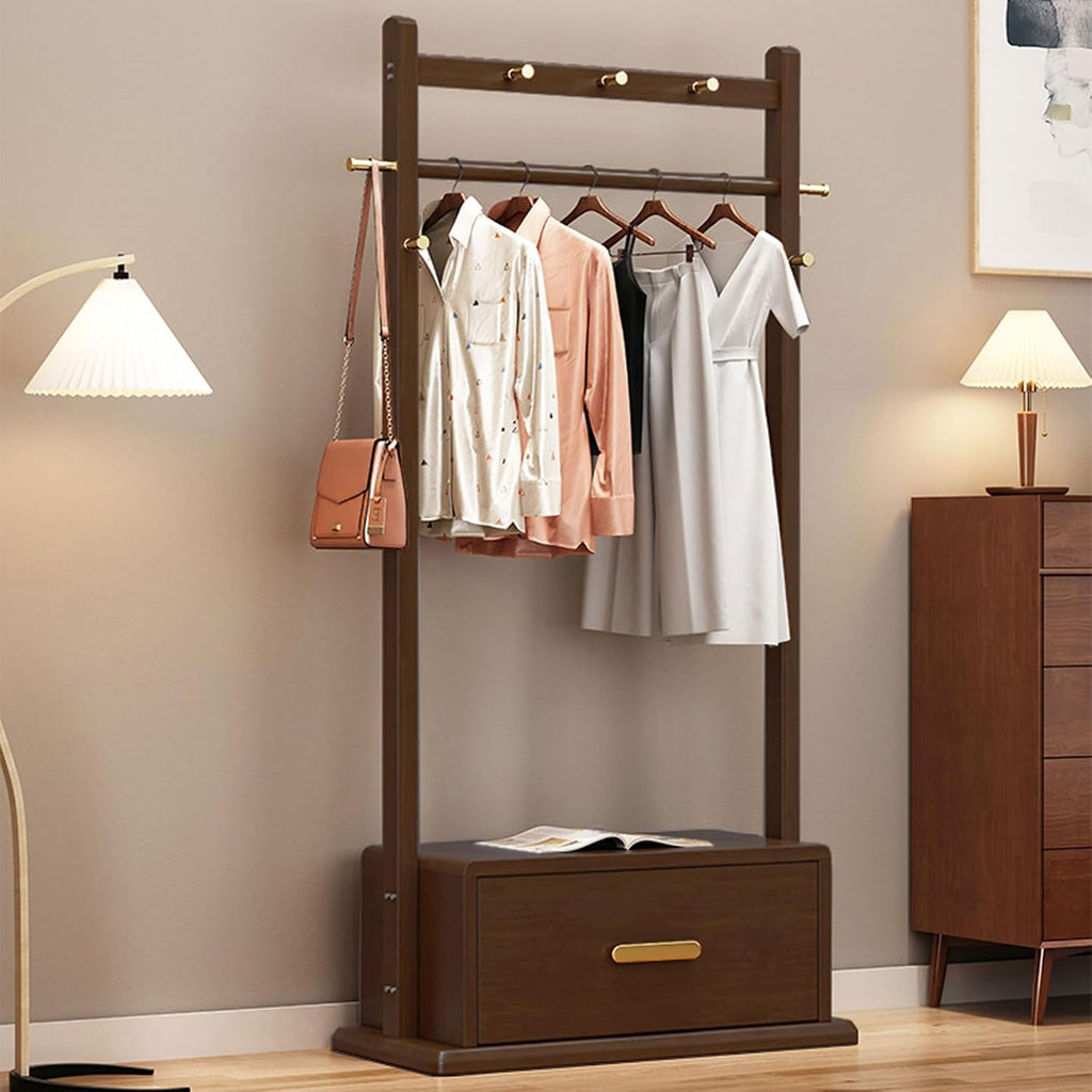 Free Standing Garment Rack Coat Stand with Storage Cabinet, Bamboo Clothes Rail Rack, Portable Open Wardrobe for Hanging Clothes