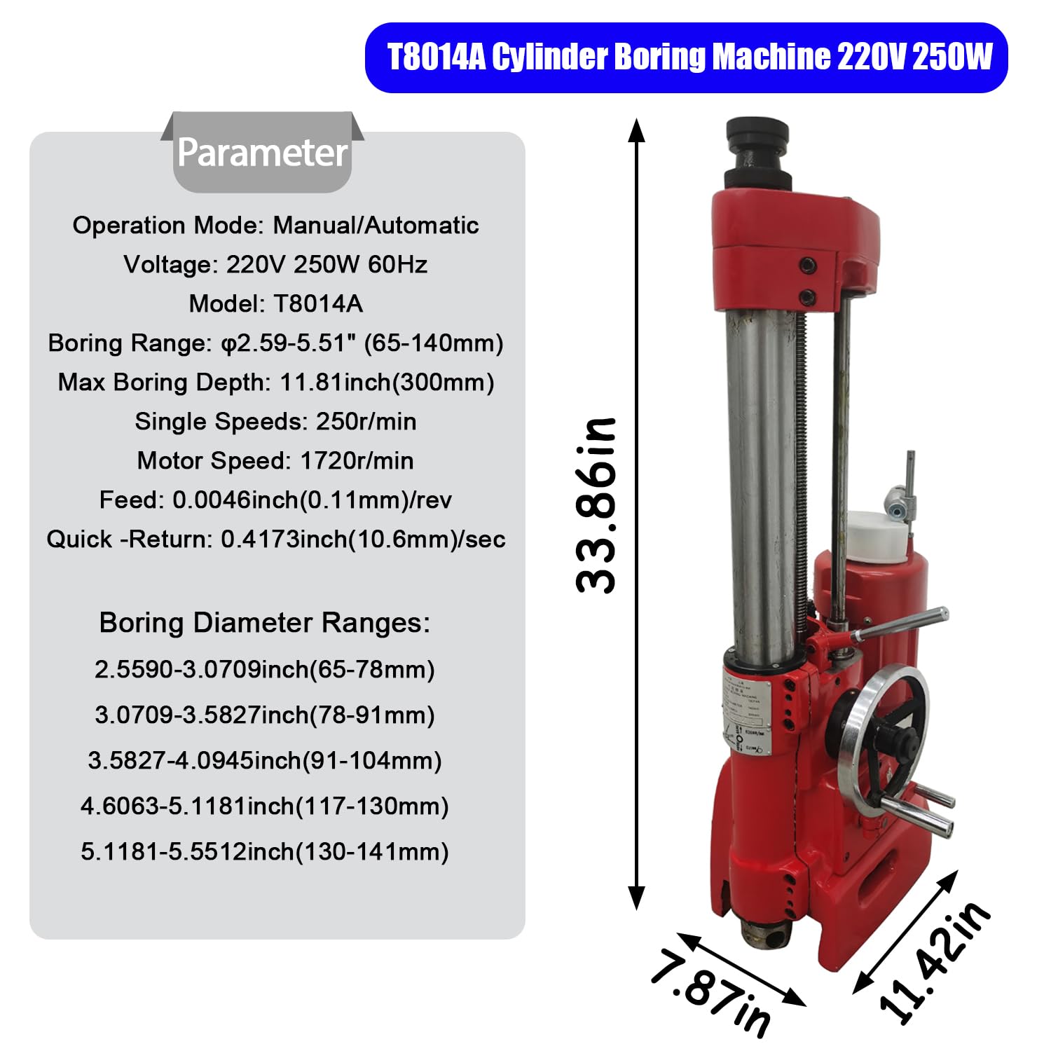 220V Cylinder Boring Machine Manual & Auto Honing & Cylinder Repair Equipment, 2.56-5.5' Boring Dia, 11.8' Max Depth, Professional Engine Rebuilding Borer for Automotive Tractor Motorcycle