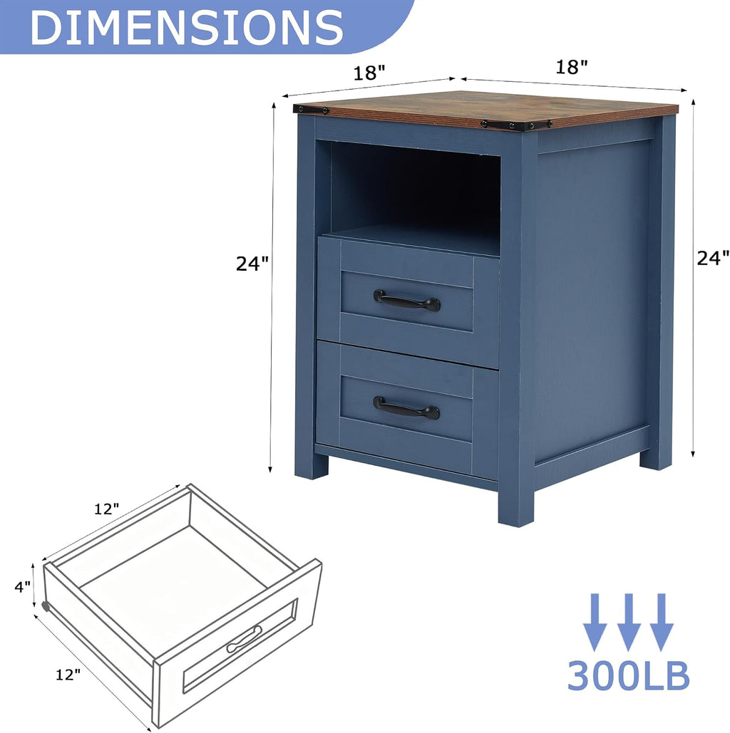 Farmhouse Nightstand with 2 Drawers Storage, End Table with Open Shelf, Bedside Table for Bedroom Without Charging Station, Blue