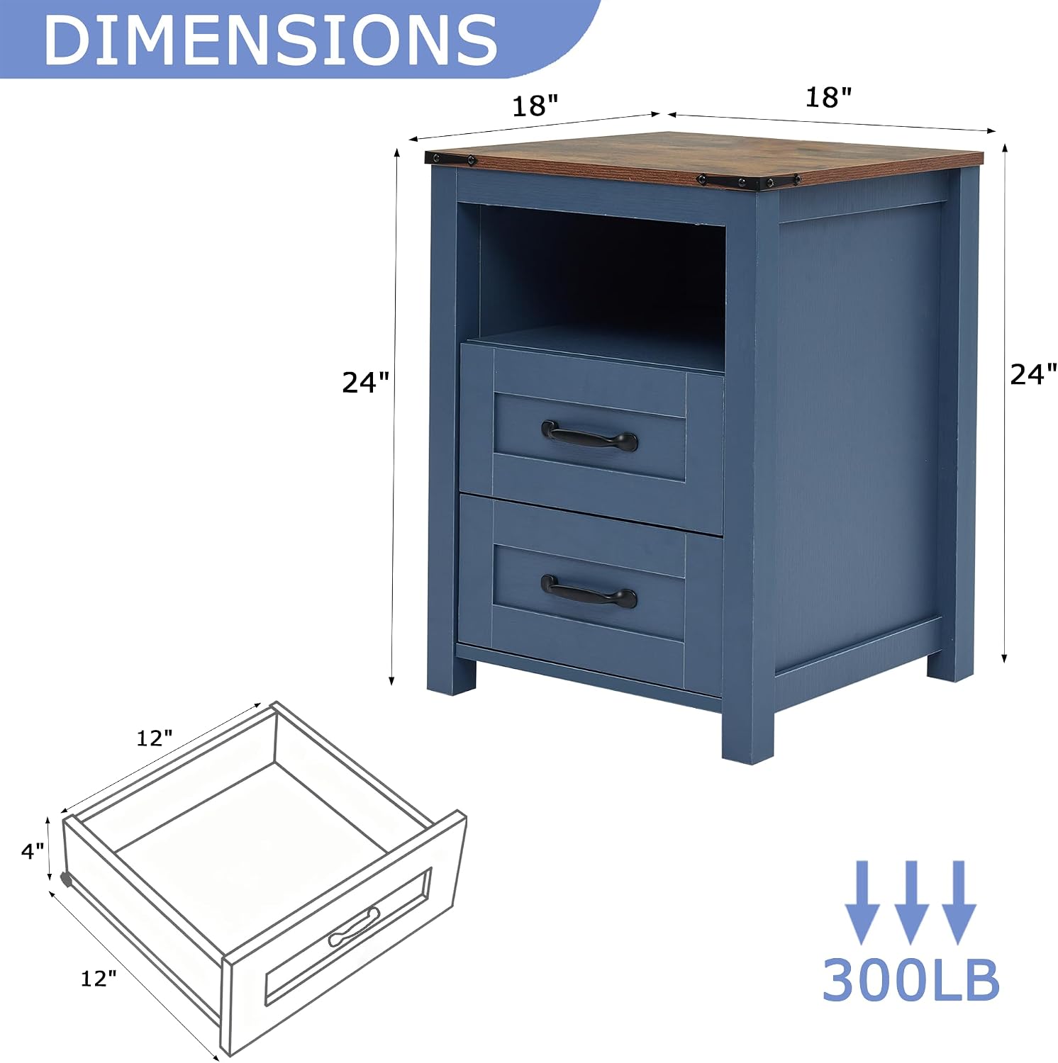 Farmhouse Nightstand with 2 Drawers Storage, End Table with Open Shelf, Bedside Table for Bedroom Without Charging Station, Blue