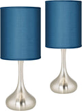 Possini Euro Design Modern Accent Table Lamps 23.5' High Set of 2 Droplet Brushed Nickel Metal Blue Textured Faux Silk Drum Shade for Living Room Bedroom House Bedside Nightstand Home Office