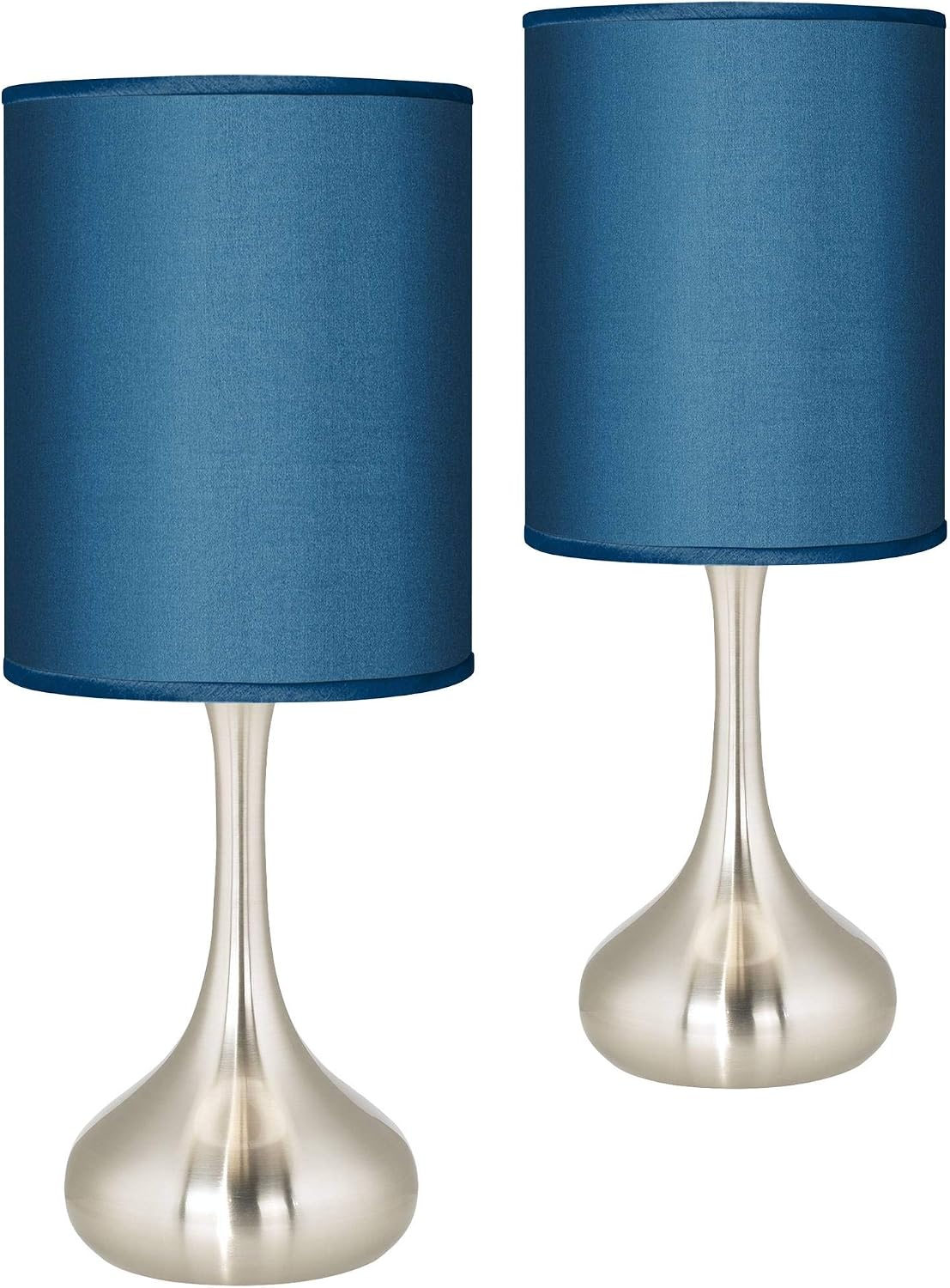 Possini Euro Design Modern Accent Table Lamps 23.5' High Set of 2 Droplet Brushed Nickel Metal Blue Textured Faux Silk Drum Shade for Living Room Bedroom House Bedside Nightstand Home Office