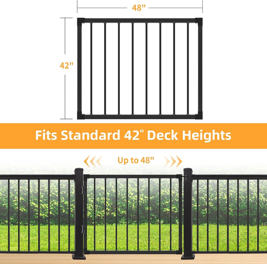 Deck Fence Gate Outdoor, 42''Hx48''W Deck Gate, Black Heavy Duty Steel Anti-Rust Door with Customizable Width, Metal Gate for Residential, Yard, Patio(No Hinge)