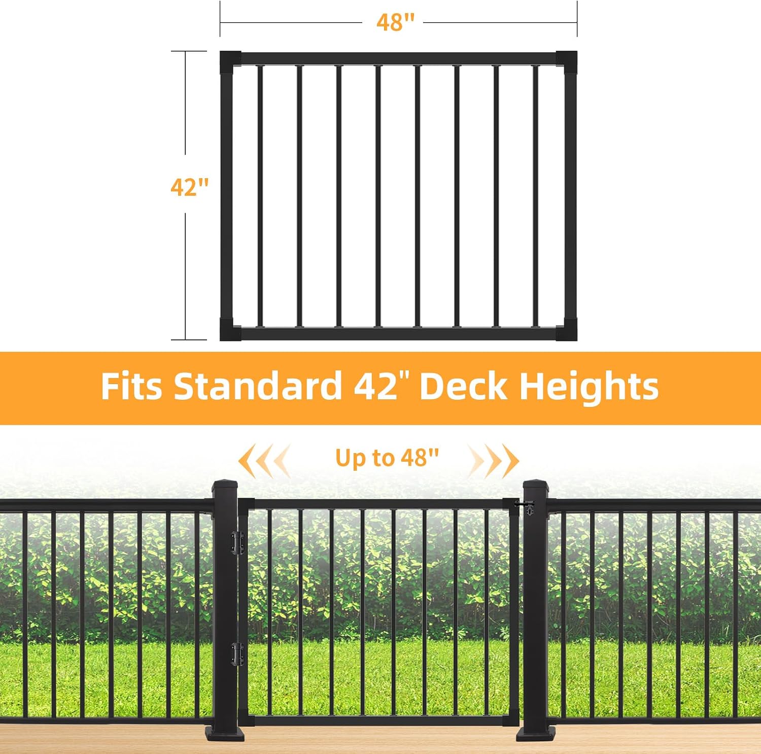Deck Fence Gate Outdoor, 42''Hx48''W Deck Gate, Black Heavy Duty Steel Anti-Rust Door with Customizable Width, Metal Gate for Residential, Yard, Patio(No Hinge)