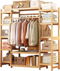 Portable Bamboo Clothes Rail with Extra Large Garment Rack 2 Hanging Rods and 11 Storage Shelves 160CM Height Ideal for Hallway Entryway Bedroom Available in 110/120/130/140/160CM (Wood Colo