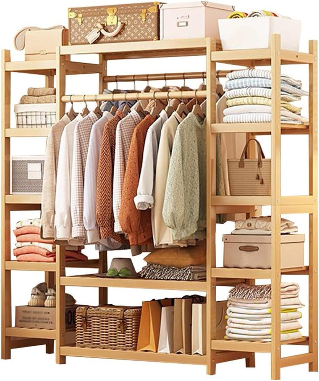 Portable Bamboo Clothes Rail with Extra Large Garment Rack 2 Hanging Rods and 11 Storage Shelves 160CM Height Ideal for Hallway Entryway Bedroom Available in 110/120/130/