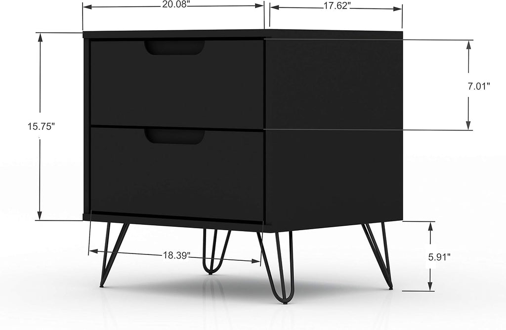Manhattan Comfort Rockefeller Nightstand with Drawers, Mid Century Modern Bedside Table, Minimalist Display and Storage Organizer, Ideal for Bedroom and Living Room, Black