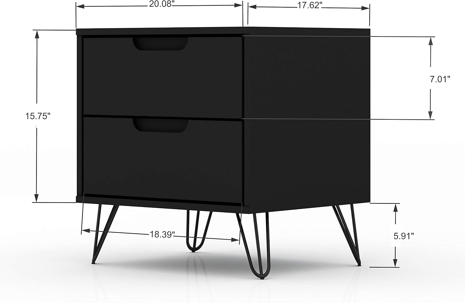 Manhattan Comfort Rockefeller Nightstand with Drawers, Mid Century Modern Bedside Table, Minimalist Display and Storage Organizer, Ideal for Bedroom and Living Room, Black