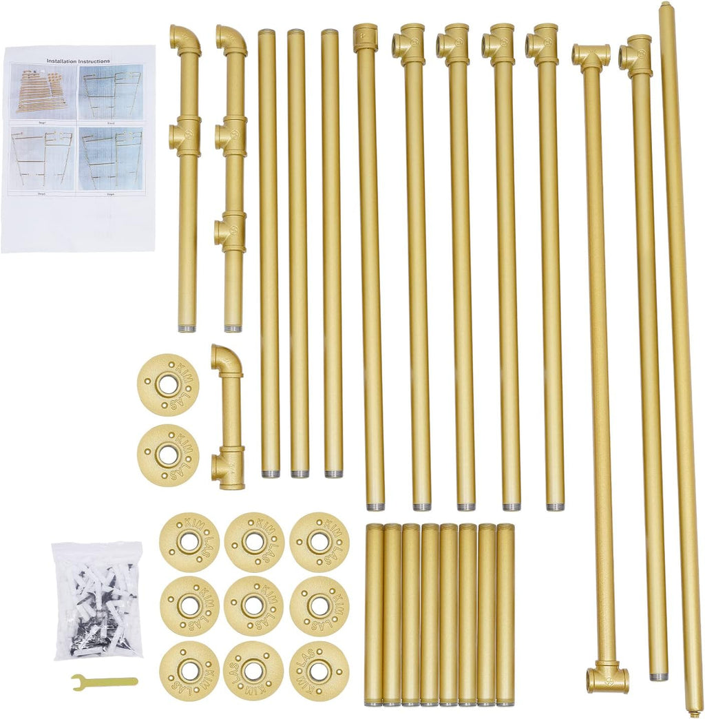 Wall Mounted Clothes Rack, Portable Vintage Rolling Coat Rack Heavy Duty Iron Pipe Garment Hanger Rustic Metal Garment Frame Industrial Pipe Clothing Display Rack for Living Room Bedroom (Gold)
