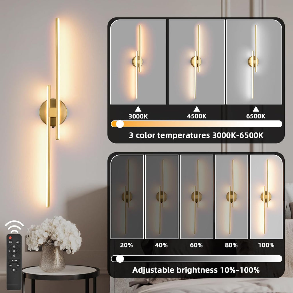 Battery Operated Wall Sconce Set of 2,Gold 31.4' 3000K-6500K LED Dimmable Wall Sconces with Remote Control,Wireless Wall Light USB Rechargeable for Bedroom Hallway Living Room Background Wall Lighting