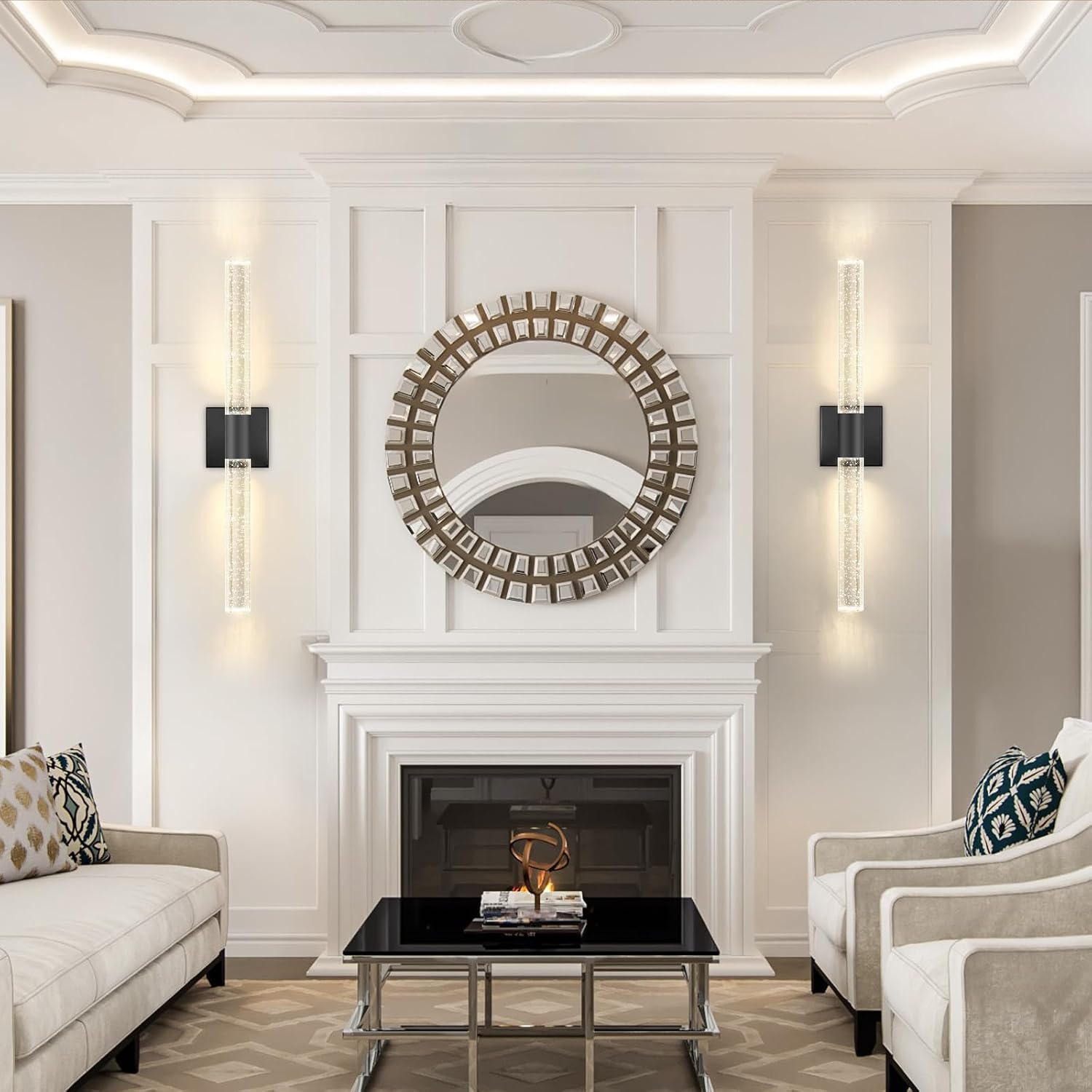 Black LED Wall Sconces Set of 2 with LED Warm Light Interior Glam Crystal Wall Light, Hardwired