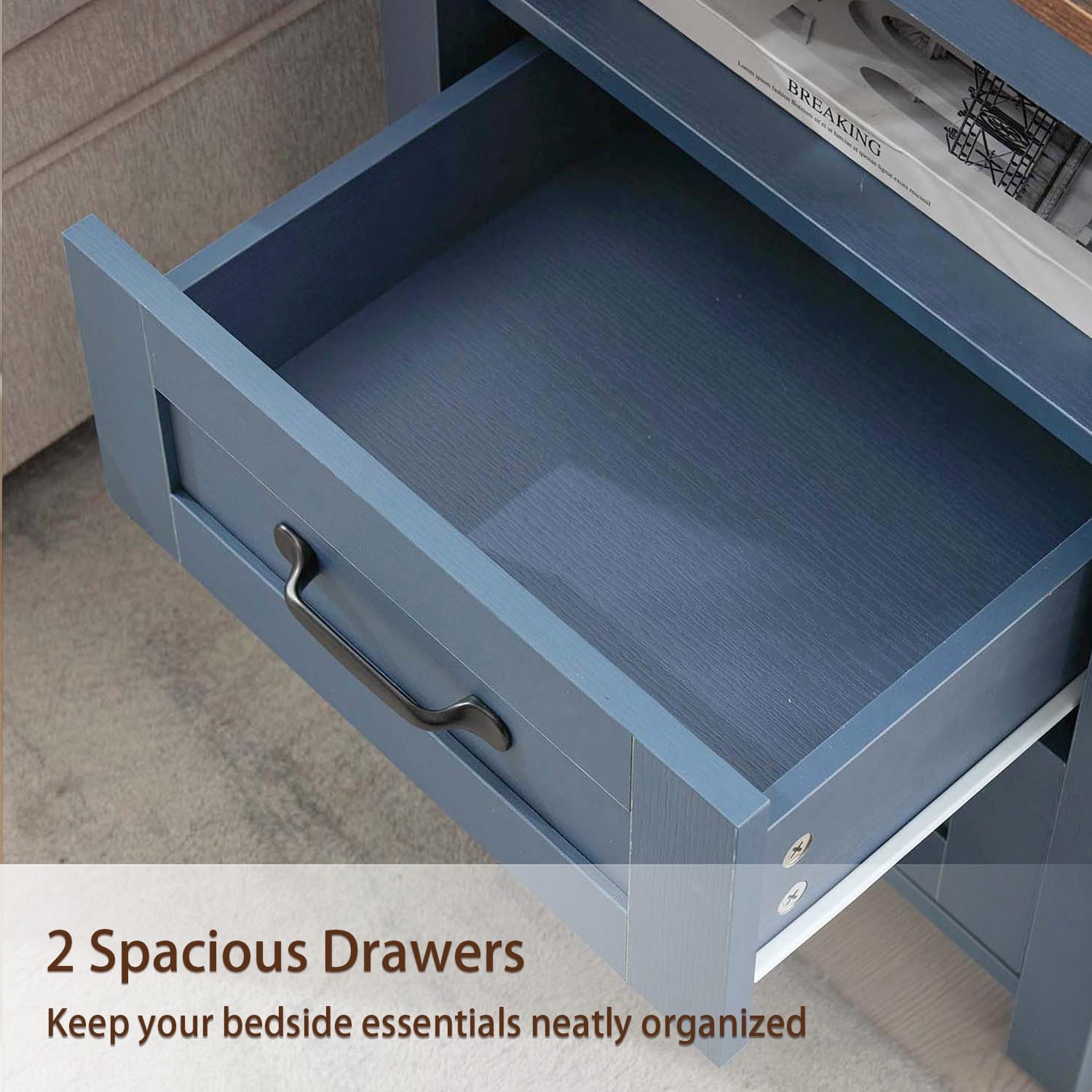 Farmhouse Nightstand with 2 Drawers Storage, End Table with Open Shelf, Bedside Table for Bedroom Without Charging Station, Blue