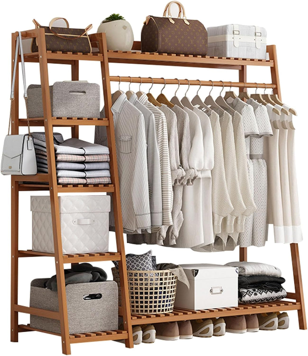 Bamboo Trapezoid Clothing Rack, Garment Rack with 5-Tier Storage Shelves Multi-Functional Clothes Hanging Rack Stand for Bedroom Living Room, Natural