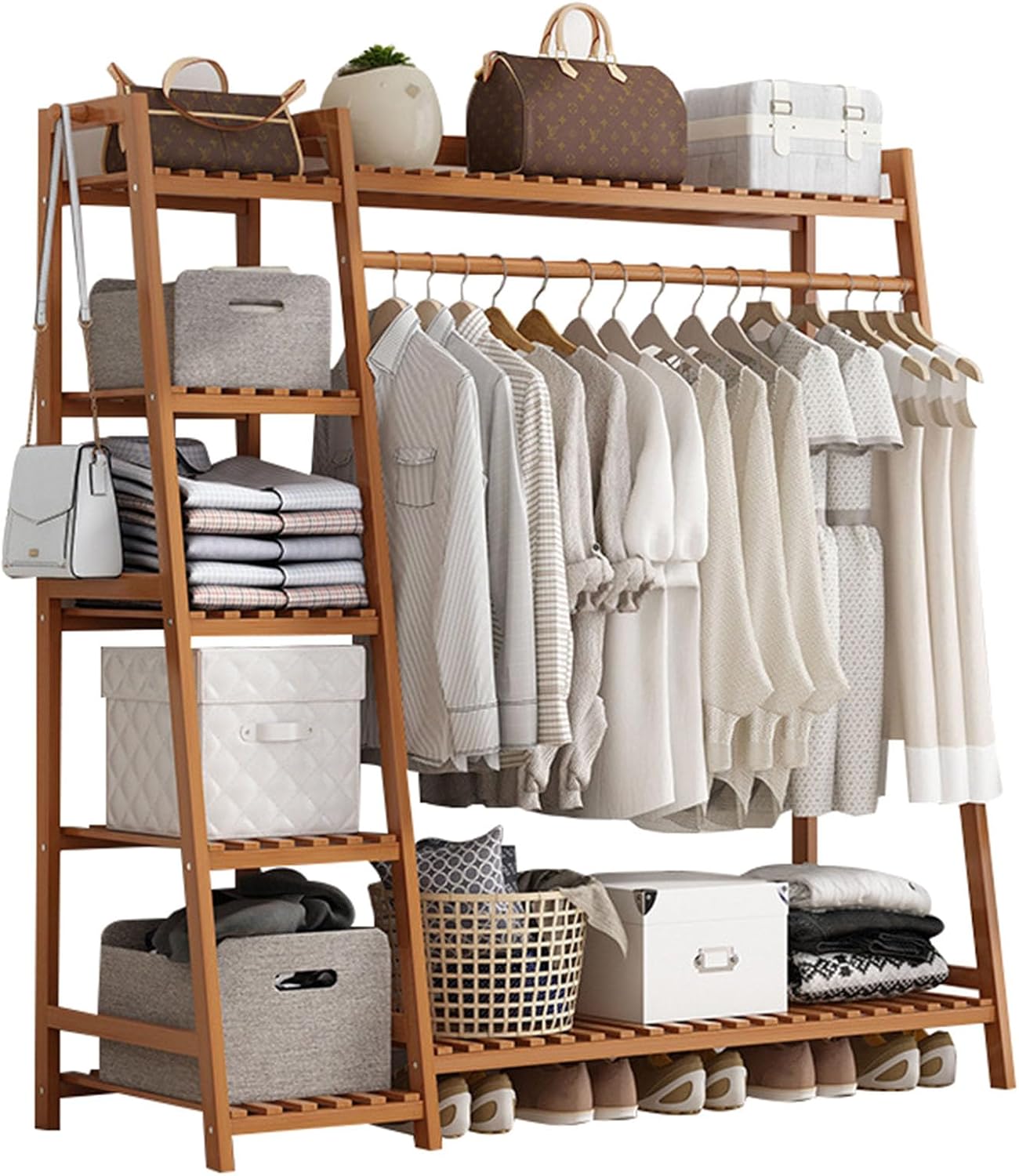 Bamboo Trapezoid Clothing Rack, Garment Rack with 5-Tier Storage Shelves Multi-Functional Clothes Hanging Rack Stand for Bedroom Living Room, Natural