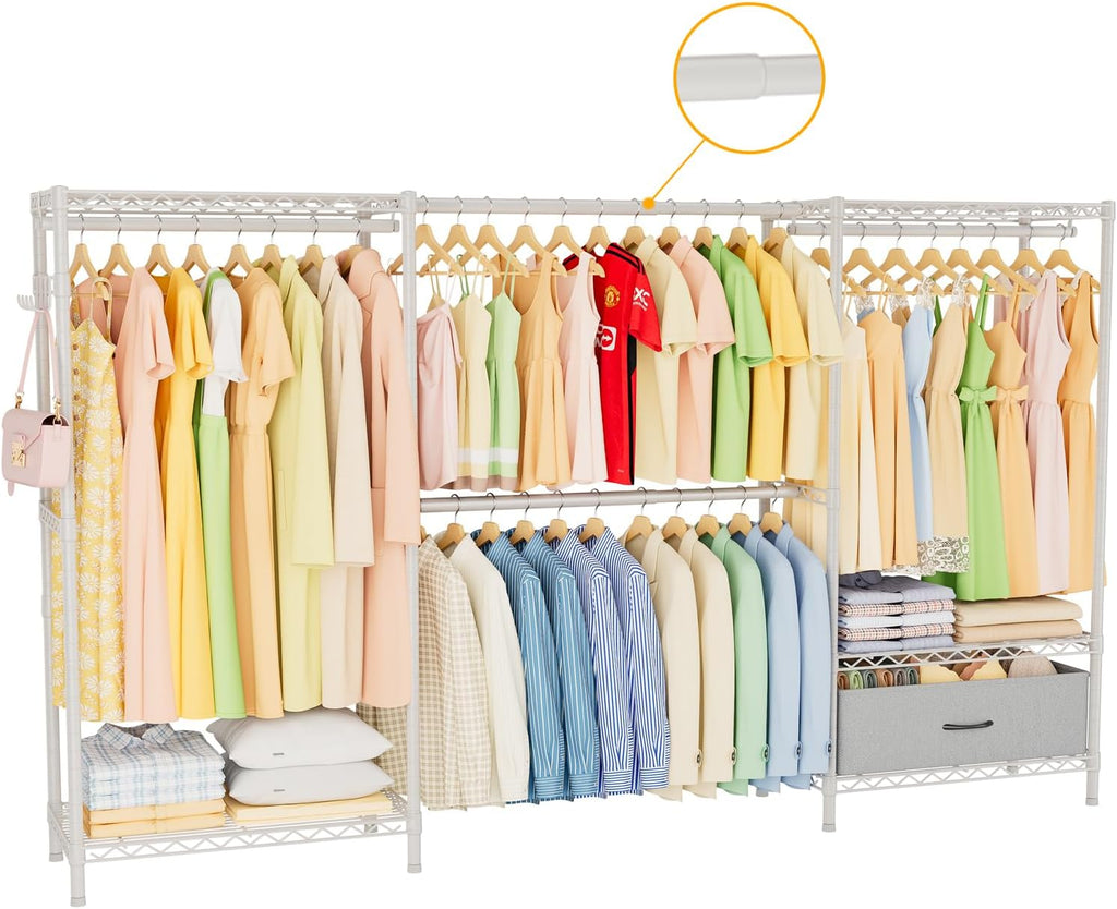 Golpart Coat Rack Clothes Wardrobe：Closet Organizer and Storage Clothing Garment Rack with Shelves Heavy Duty for Hanging Clothes Portable Adjustable White 15.8' DX(70-88)' WX76.5 H