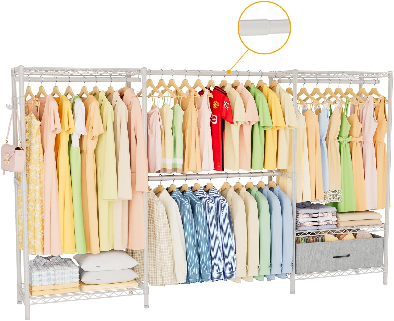 Golpart Coat Rack Clothes Wardrobe：Closet Organizer and Storage Clothing Garment Rack with Shelves Heavy Duty for Hanging Clothes Portable Adjustable White 15.8' DX(70-88)' WX76.5 H