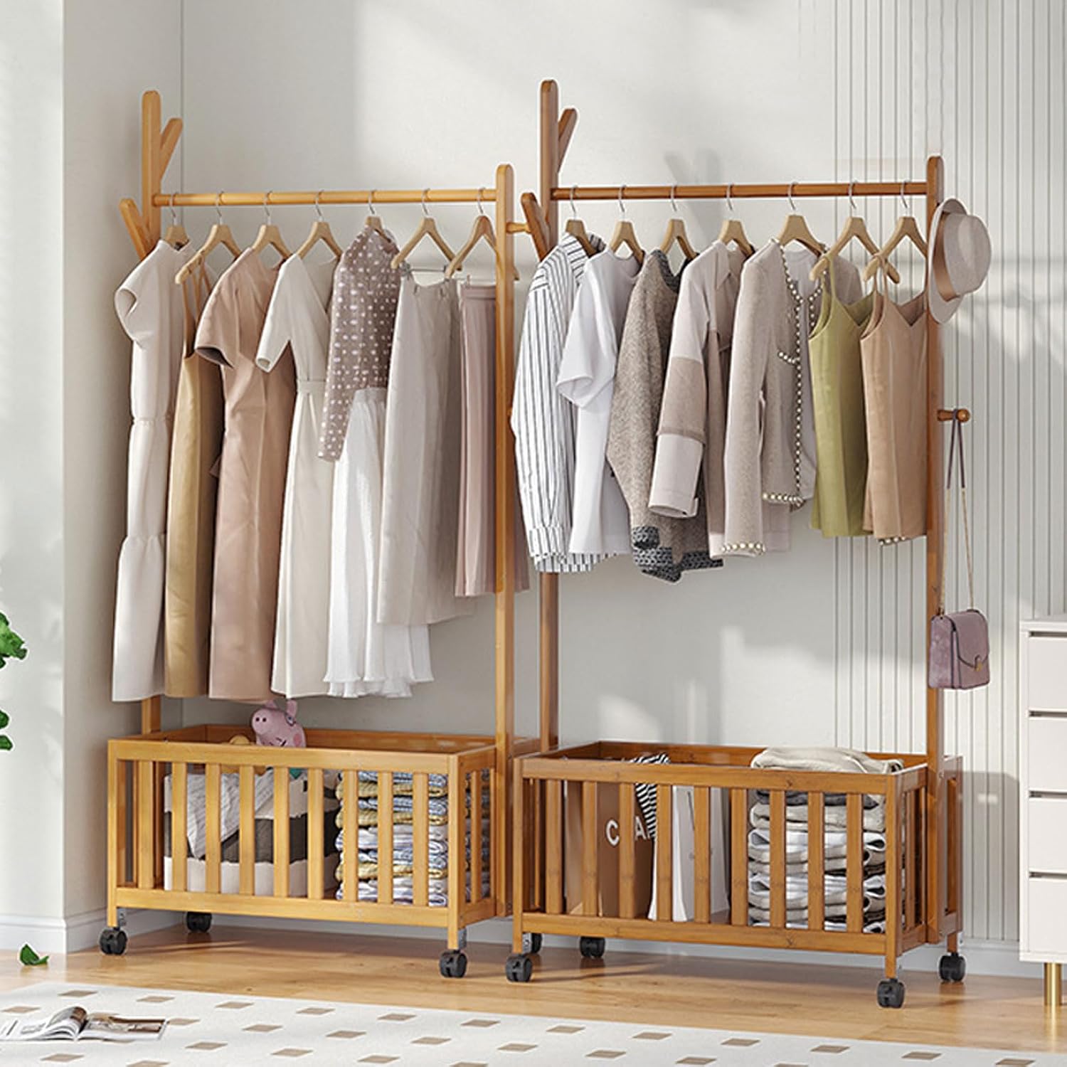 Bamboo Open Wardrobe with Hollow Storage Basket, Clothes Stand Garment Rack with Casters, Clothes Hanging Rail for Clothes Hats Bags