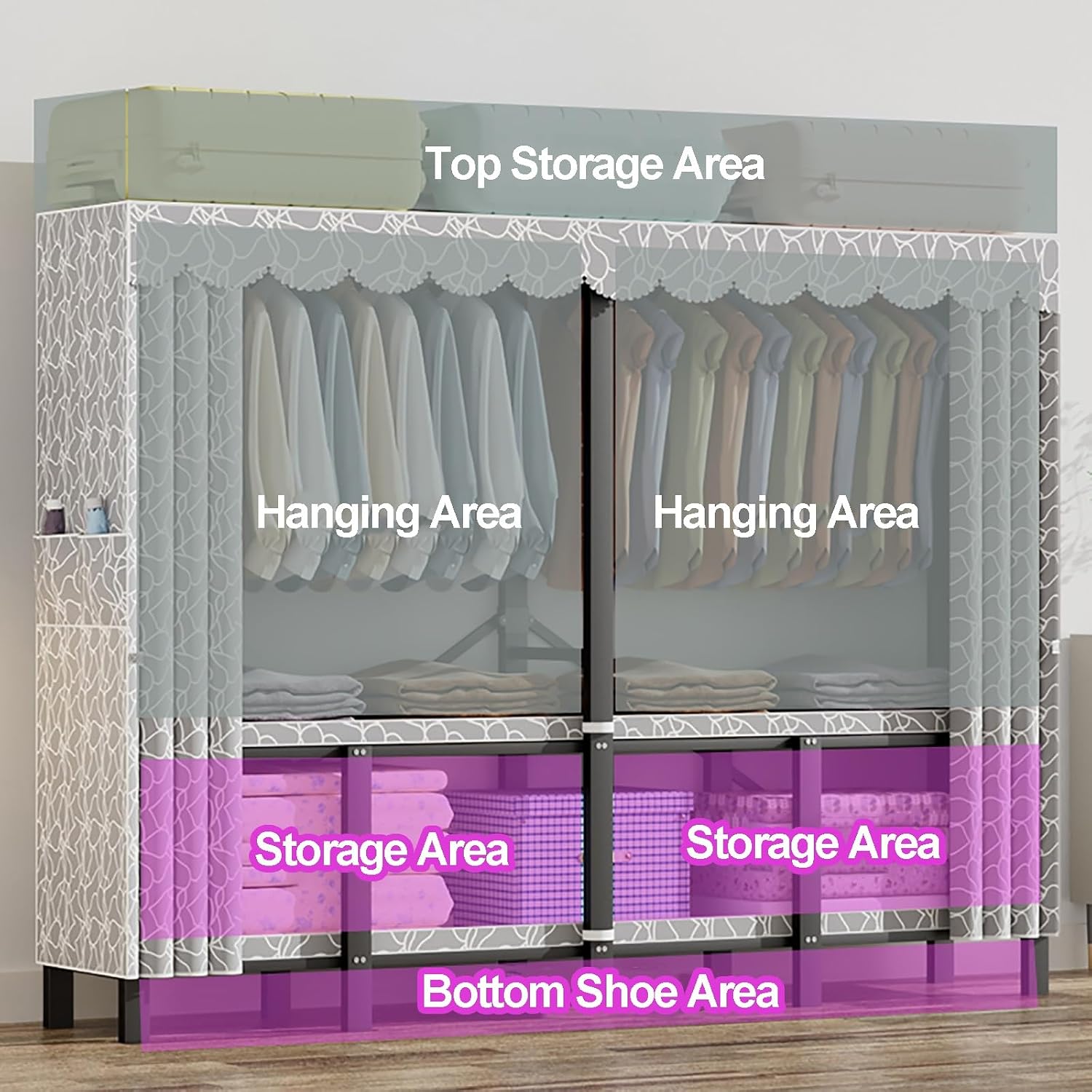Portable Closet Wardrobe With Hanging Rods, Heavy Duty Clothing Rack With Fabric Cover, Metal Closet Rack For Hanging Clothes, Coat Storage Garment Racks(E,193CM/76INCH)
