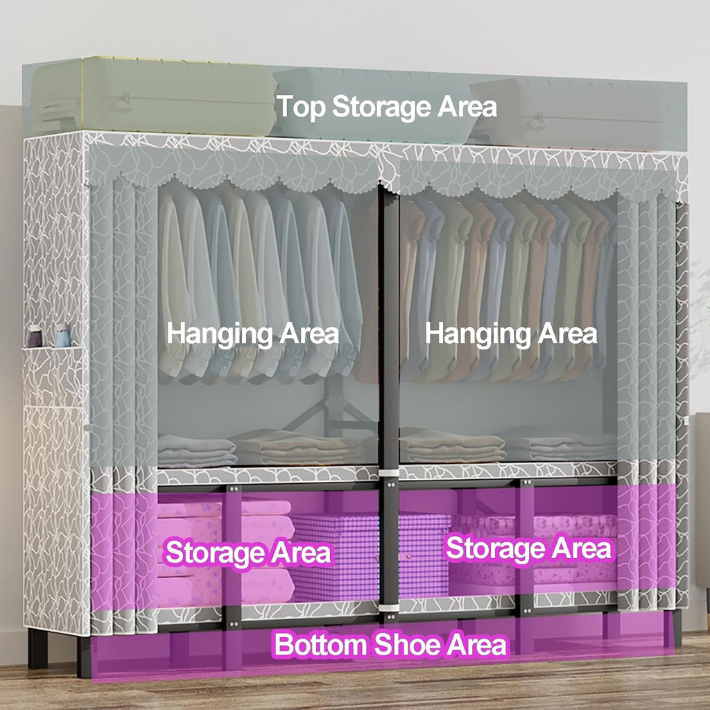 Portable Closet Wardrobe With Hanging Rods, Heavy Duty Clothing Rack With Fabric Cover, Metal Closet Rack For Hanging Clothes, Coat Storage Garment Racks(E,139CM/54.7INCH)