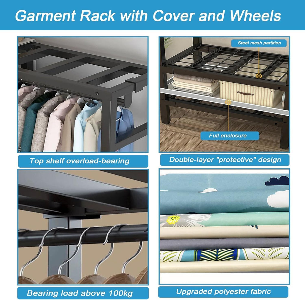 Portable Foldable Wardrobe Closet for Hanging Clothes Storage Garment Rack with Cover and 8 Wheels-70.8in High Heavy-Duty Freestanding Closet System with 3 Hanging Rods Load 1600lb(74.8in/190cm)