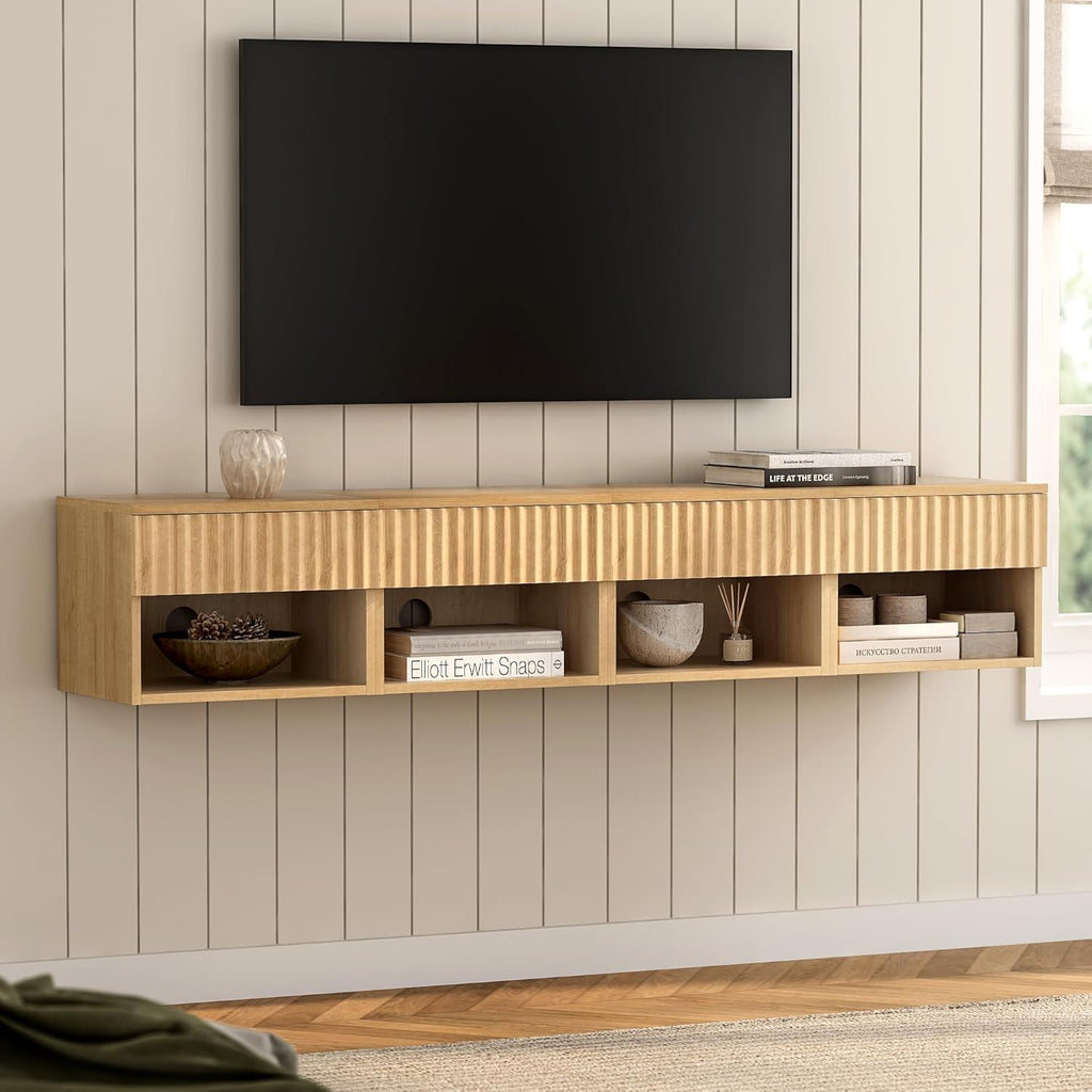 EYYTHUNG Fluted TV Stands Set of 4, Modern Small Floating Nightstand with Drawer and Open Storage Shelf Night Stand Wall Mounted Bedside Tables Natural Oak