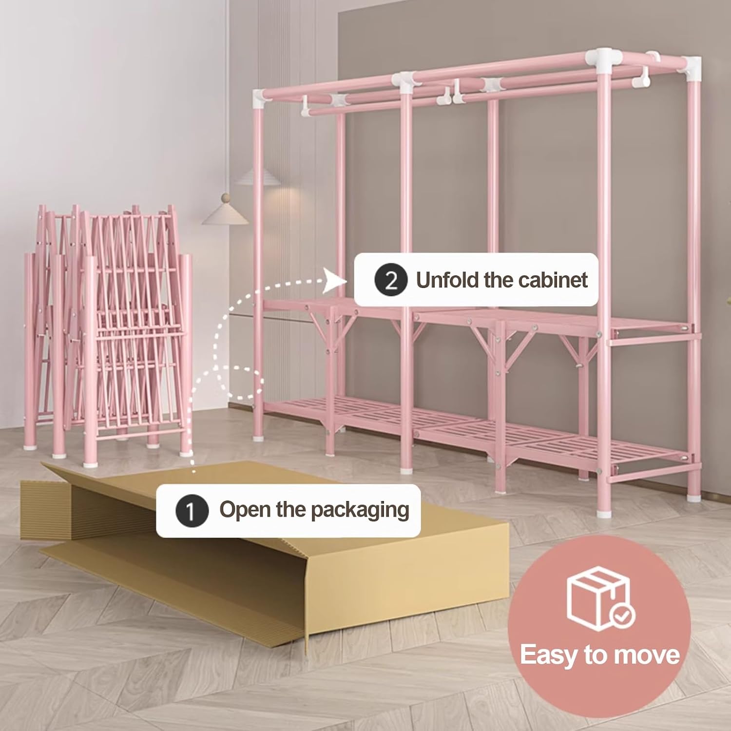 Heavy Duty Portable Wardrobe Closet With Cover, Freestanding Coat Storage Garment Racks For Hanging Clothes, Foldable Covered Clothes Rack For Bedroom(Pink2,100x170x45cm)
