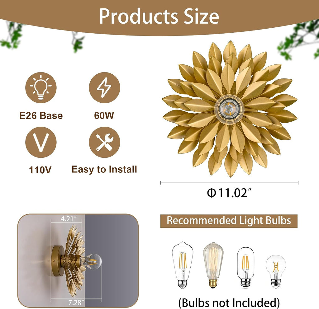 TOCHIC Vintage Wall Sconces Set of Two, Modern Farmhouse Gold Metal Leaf Wall Mounted Light Dimmable, Indoor Wall Lamp for Bedroom, Living Room, Bathroom Vanity, Hallway, Stairway 11.02'