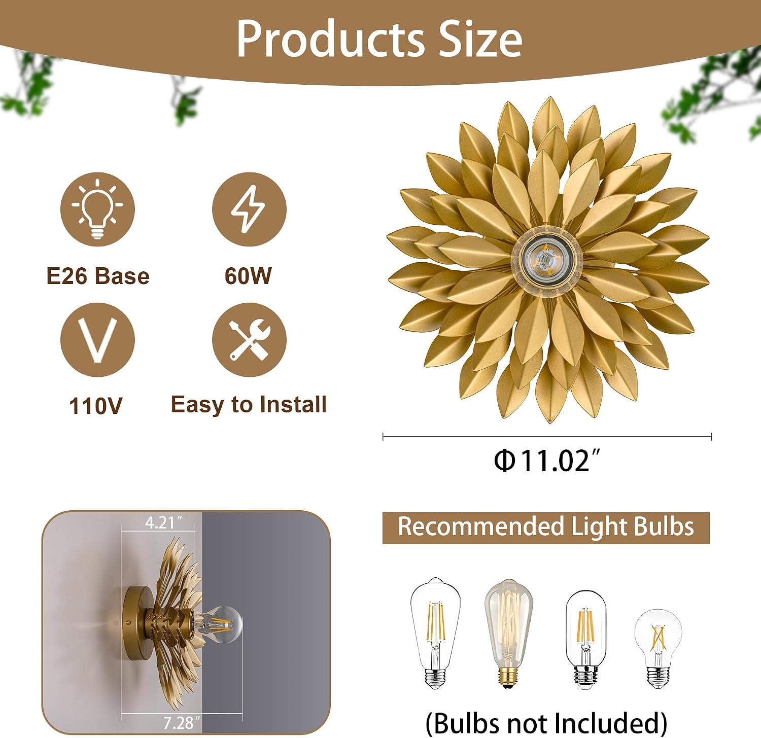 TOCHIC Vintage Wall Sconces Set of Two, Modern Farmhouse Gold Metal Leaf Wall Mounted Light Dimmable, Indoor Wall Lamp for Bedroom, Living Room, Bathroom Vanity, Hallway, Stairway 11.02'