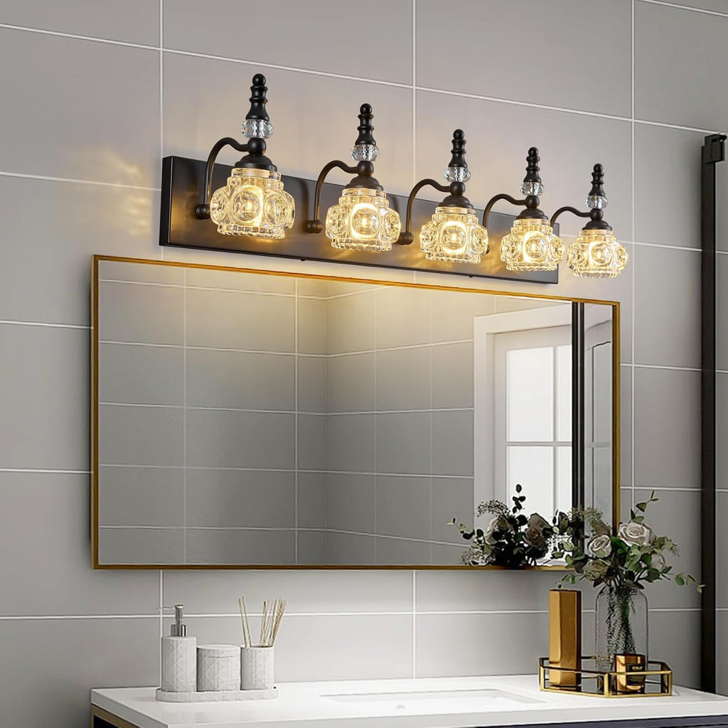 Modern Crystal Bathroom Vanity Light Black Vintage Bathroom Light Fixtures 5-Lights Glass Crystal Vanity Lights