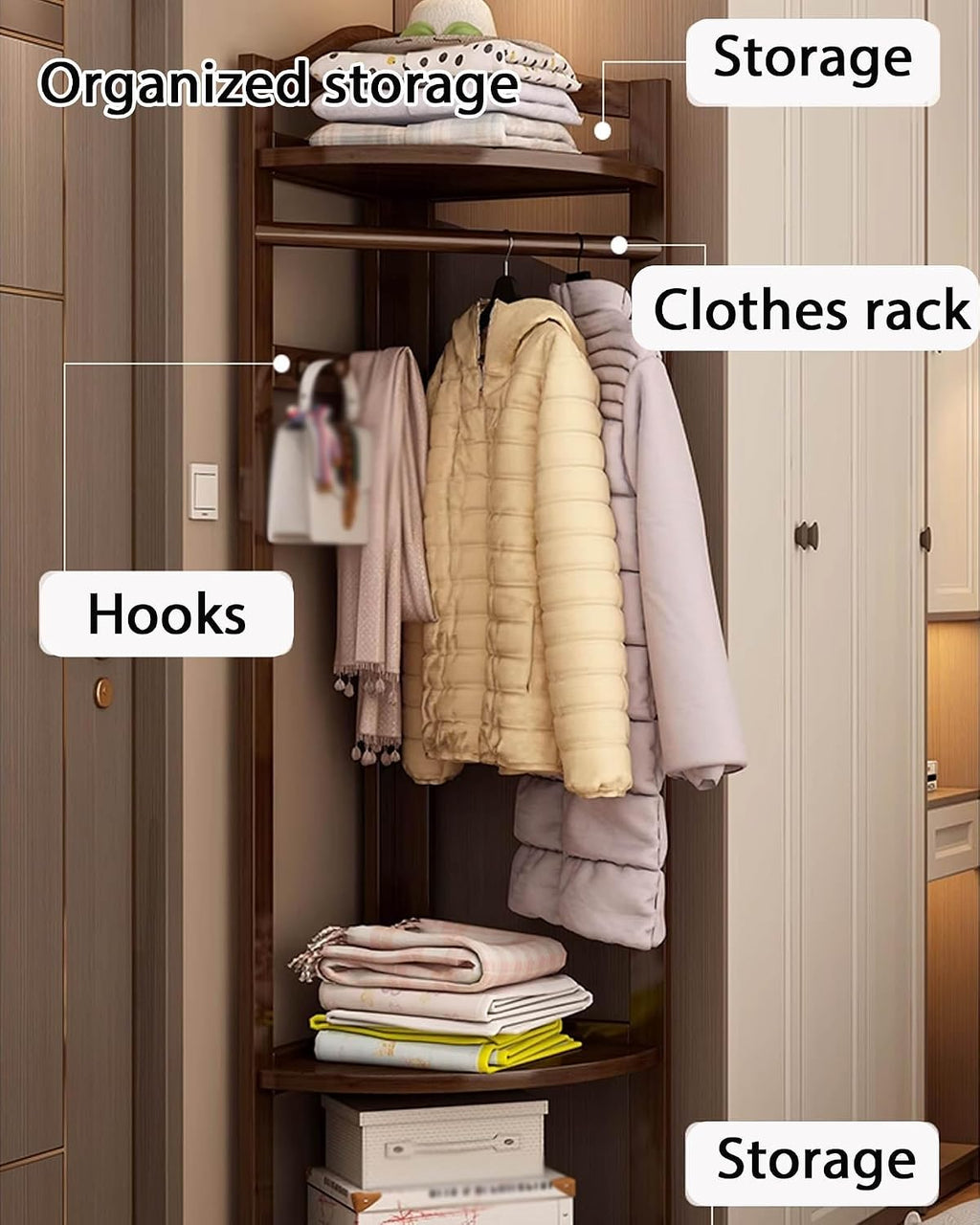 Bamboo Clothing Rack Corner Coat Rack with Hooks Stand Hall Trees Adjustable Storage Space Clothes Hanging Rail Garment Rack Anti-Tip Movable Clothing Display Rack for Bedroom Entryway