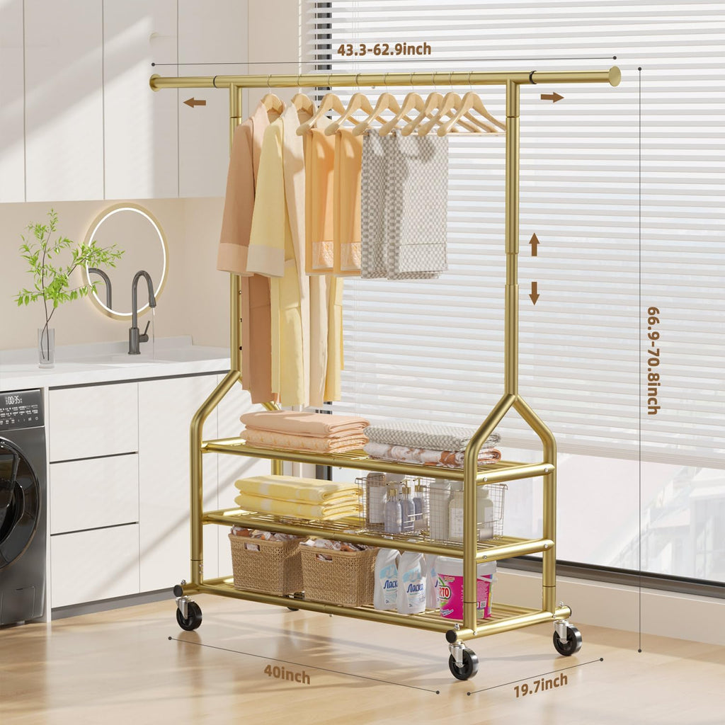 EAGMAK Heavy Duty Clothes Rack Load 688 LBS, Rolling Clothing Rack With 3 Shelves, Adjustable Metal Clothes Hanger with Wheels Portable Wardrobe Organizer Garment Rod for Hanging Clothes (Gold)
