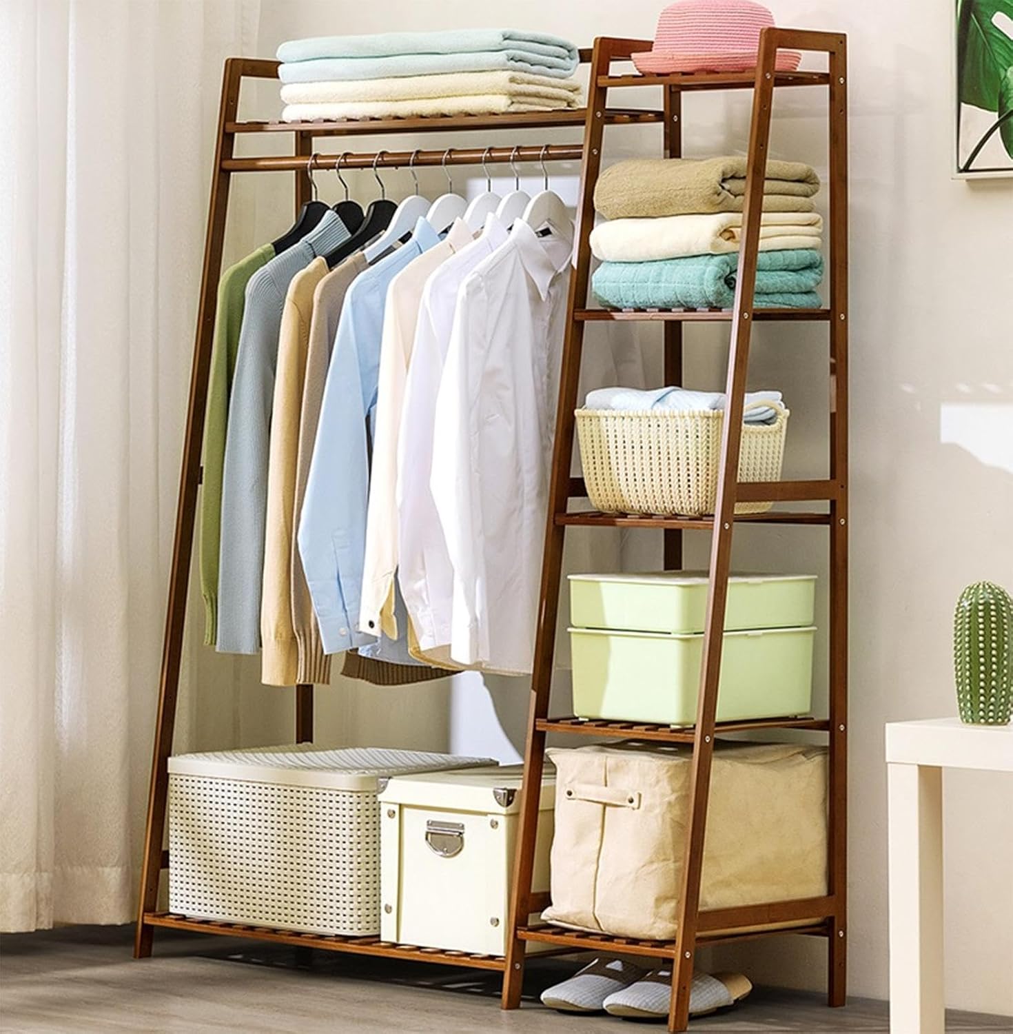 Bamboo Garment Rack,Heavy Duty Coat Clothes Hanging Rack Storage Shelf,Free-Standing Wardrobe Closet Organizer, Multi-Functional Bedroom Clothing Racks,B-110cm