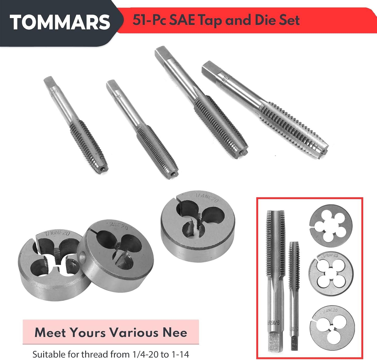 TOMMARS 51-Pc M6 to M24 Jumbo Tap and Die Set Metric Round Threading Dies & 51-Pc 1/4-20 to 1-14 Jumbo Tap and Die Set SAE Round Threading Dies