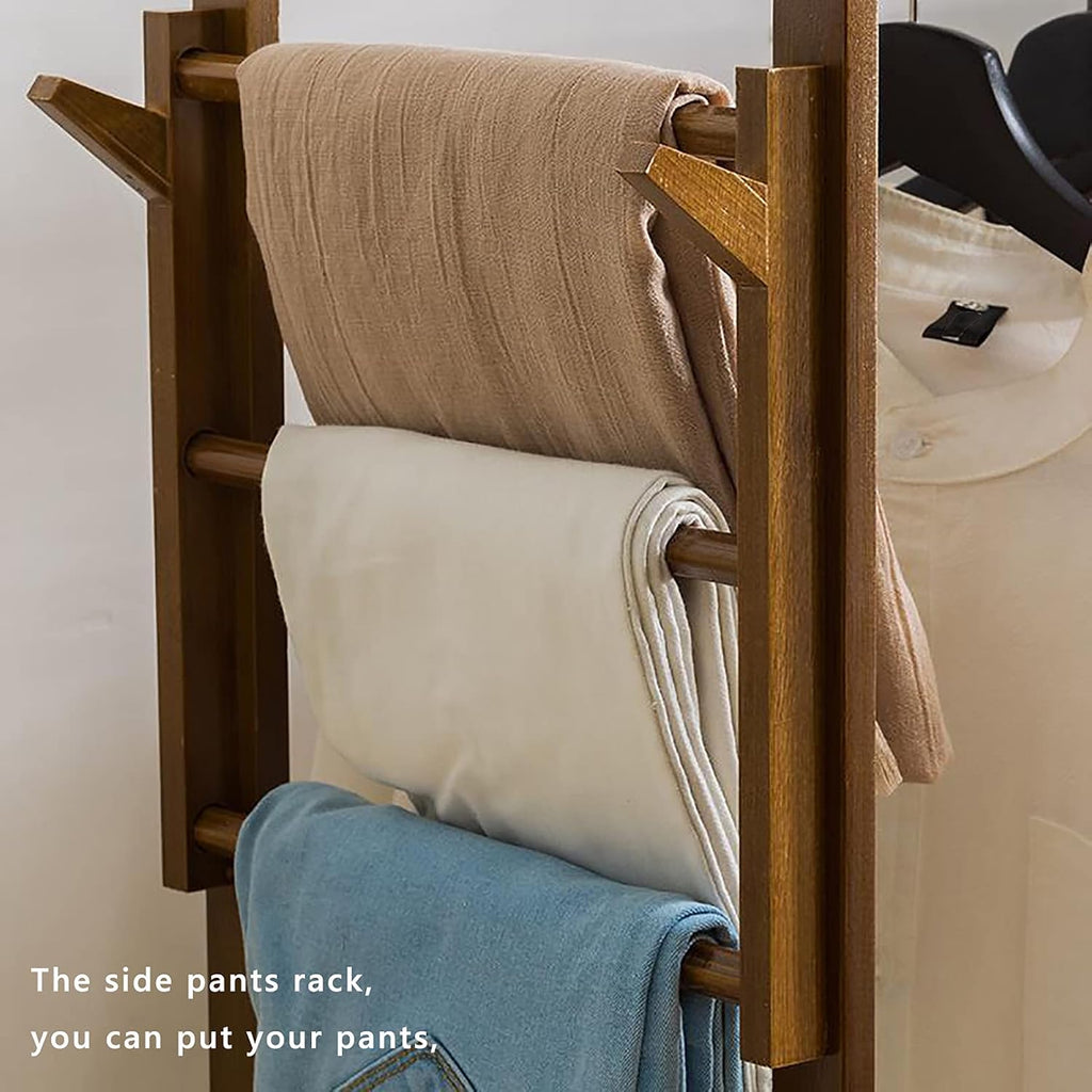 Bamboo Clothes Rack, 5-Tier Storage Shelves Clothes Hanging Rack, with Side Hooks, Multifunctional Storage Shelf Organizer