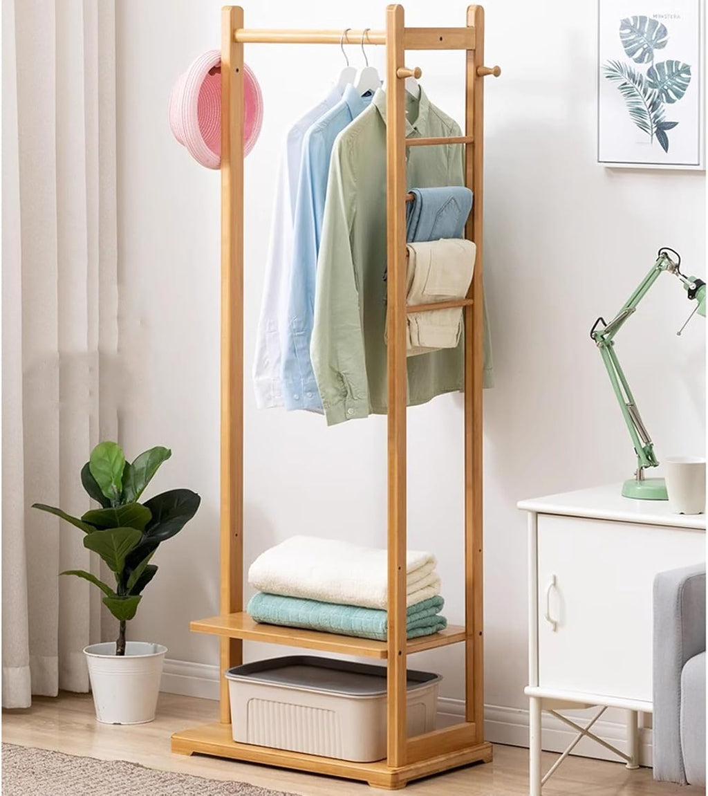 Garment Rack Bamboo Clothing Rack, Corner Coat Rack Stand Hall Trees For Entryway Bedroom And Living Room, Free Standing Clothes Hanging Rail With 2 Shelves, 3 Hooks And Pants Hange(Color:Wood color)