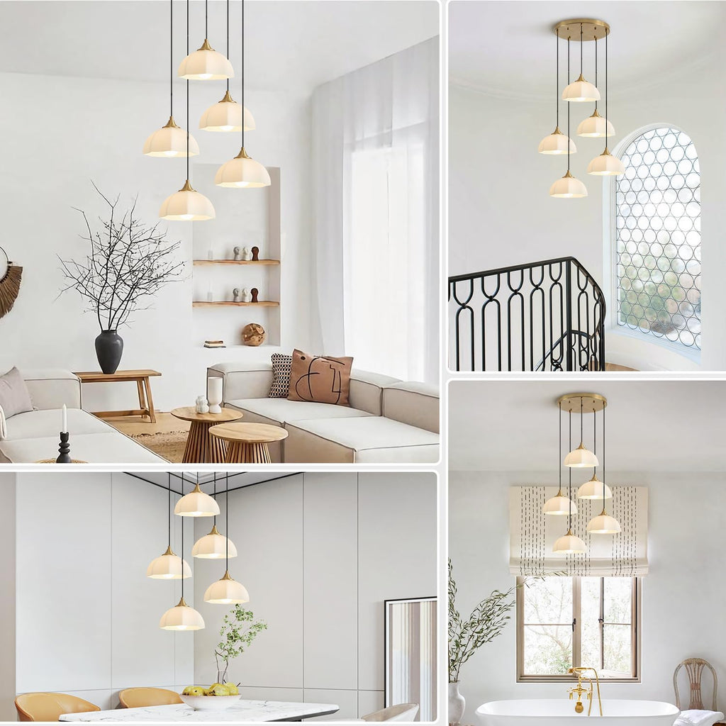 Modern 5 Light Brushed Gold Pendant Lighting Mid Century Milk Glass Cluster Pendant Lights Kitchen Island Adjustable Brass Hanging Chandelier Vintage White Ceramic Light Fixture MPL17-5R GD