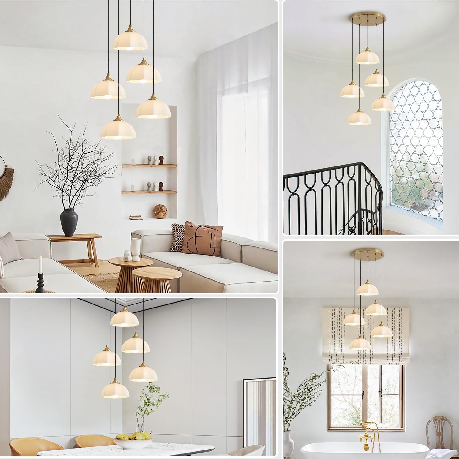 Modern 5 Light Brushed Gold Pendant Lighting Mid Century Milk Glass Cluster Pendant Lights Kitchen Island Adjustable Brass Hanging Chandelier Vintage White Ceramic Light Fixture MPL17-5R GD