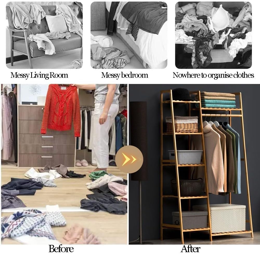 Bamboo Coat Rack, Free Standing Garment Rack, Open Wardrobe Closet with 7 Shelves and One Top Rod for Hanging Clothes Bedroom, Clothes Rails Max Load 220lbs (A 80X40X140cm)