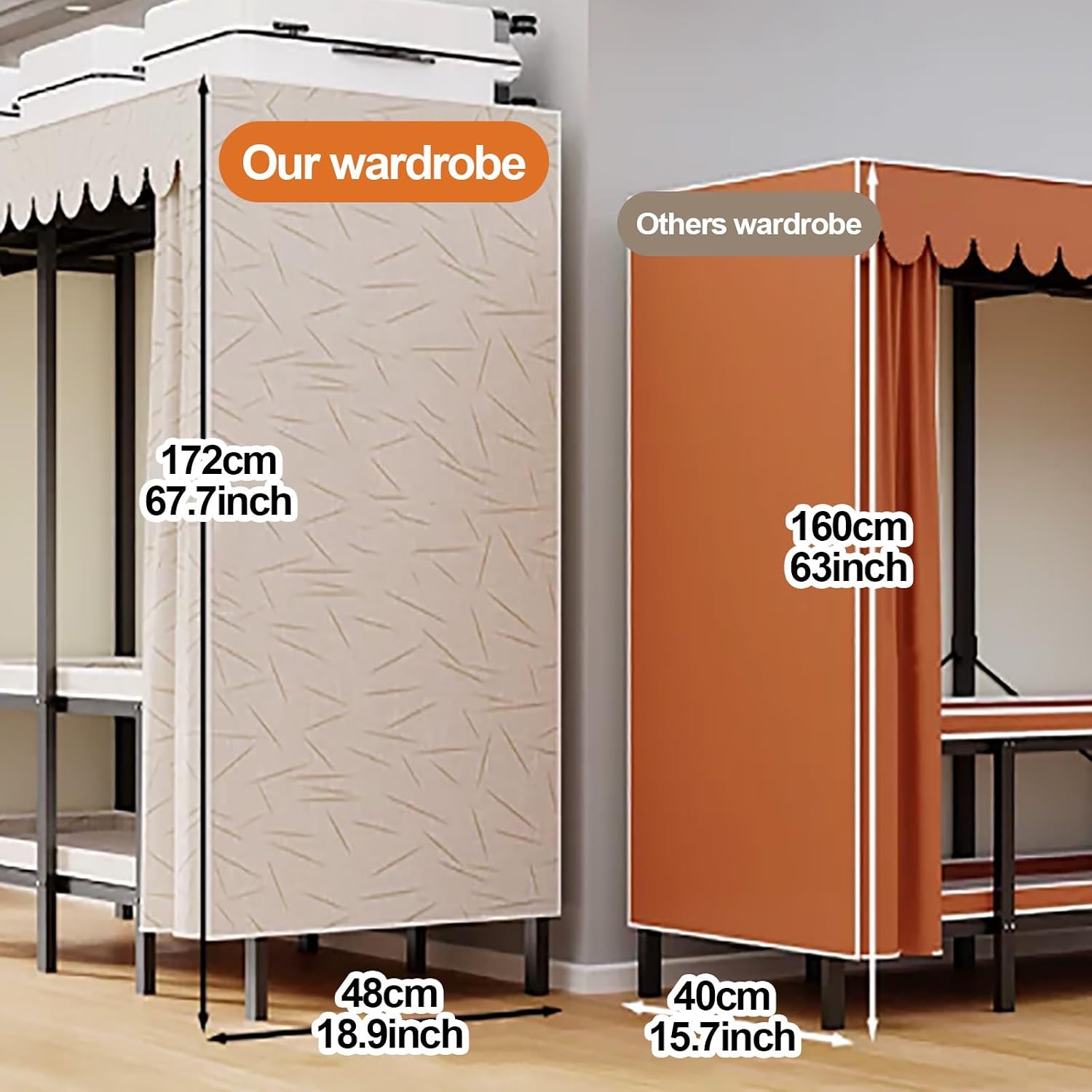 Heavy Duty Wardrobe Closet with Cover, Foldable Garment Rack for Hanging Clothes, Freestanding Covered Clothing Coat Storage Organizer, Clothes Rack with Curtain(D,160cm/63in)