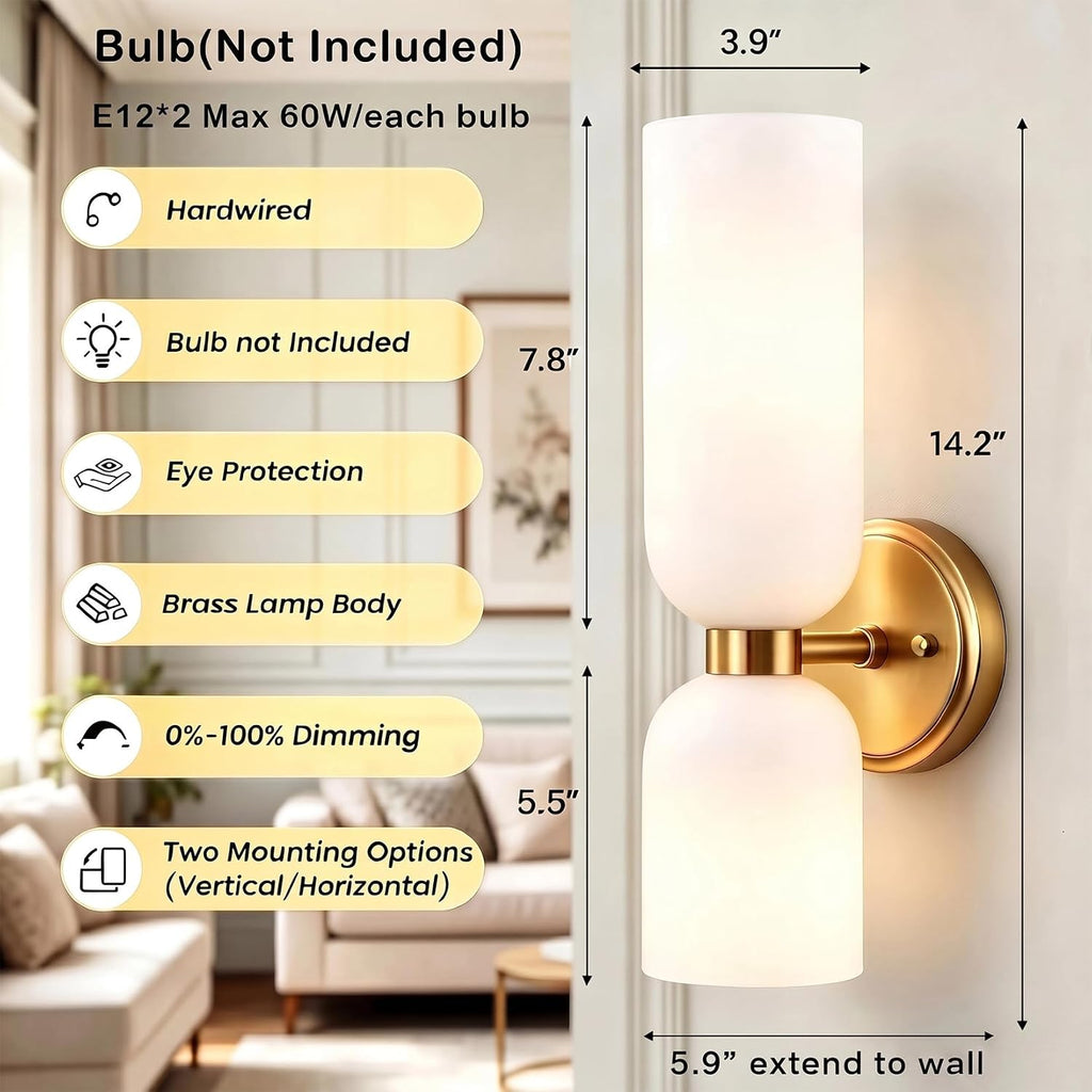 DEYNITE Gold Wall Sconces Set of Two 2-Light Modern Wall Light 3.93'(W)*14.2'(H) Bathroom Vanity Light Milky White Glass