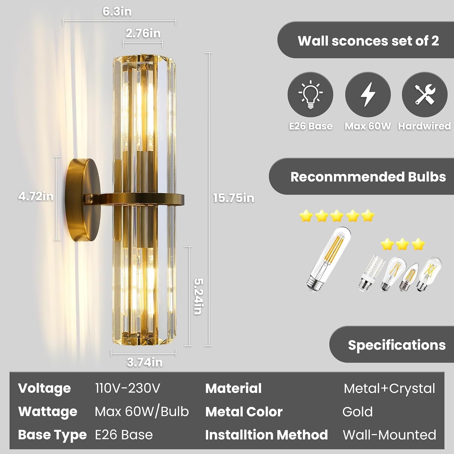 Crystal Wall Sconce Set of 2, Gold Crystal Bathroom Wall Light, Modern Sconces Wall Decor 2-Light Luxury Indoor Wall Lamp 15.7-Inch for Living Room, Hallway, Mirror, Bathroom, Vanity E26