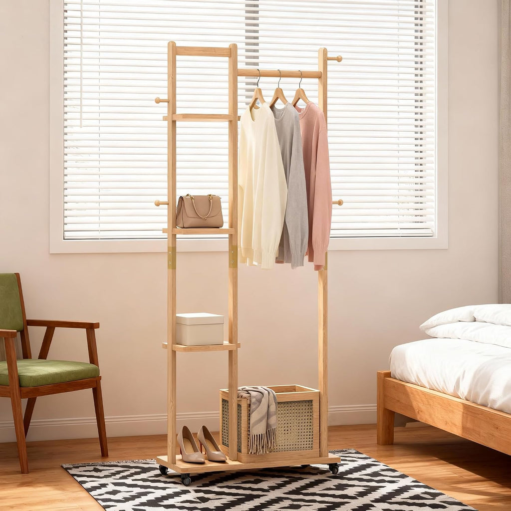 High-Grade Rubber Wood Coat Rack, Easy To Assemble, with Four Partitions, Storage Baskets, Four Side Hooks, Mobile Rollers, Multifunctional Coat Rack Suitable for Bedroom, Living Room, Entrance Office